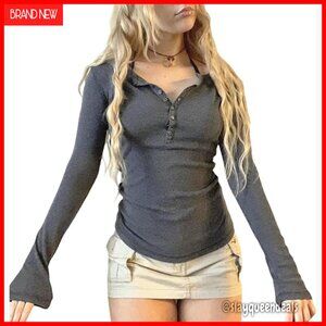 Long Sleeve Henley V-Neck Slim Fit Ribbed Knit Top Fairy Grunge